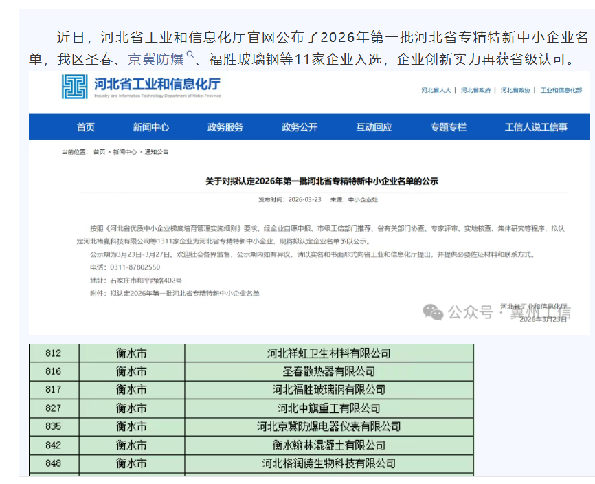 京冀防爆入选2026年第一批河北省专精特新中小企业名单